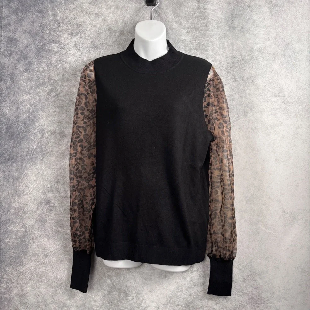 Sioni Milano Women's Black Mock Neck Leopard Print Sheer Puff Sleeve Sweater LRG